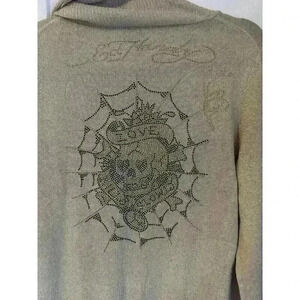 Vintage Y2K Ed Hardy V Neck Long Sleeve Top Sweater Skeleton Embellished Bling